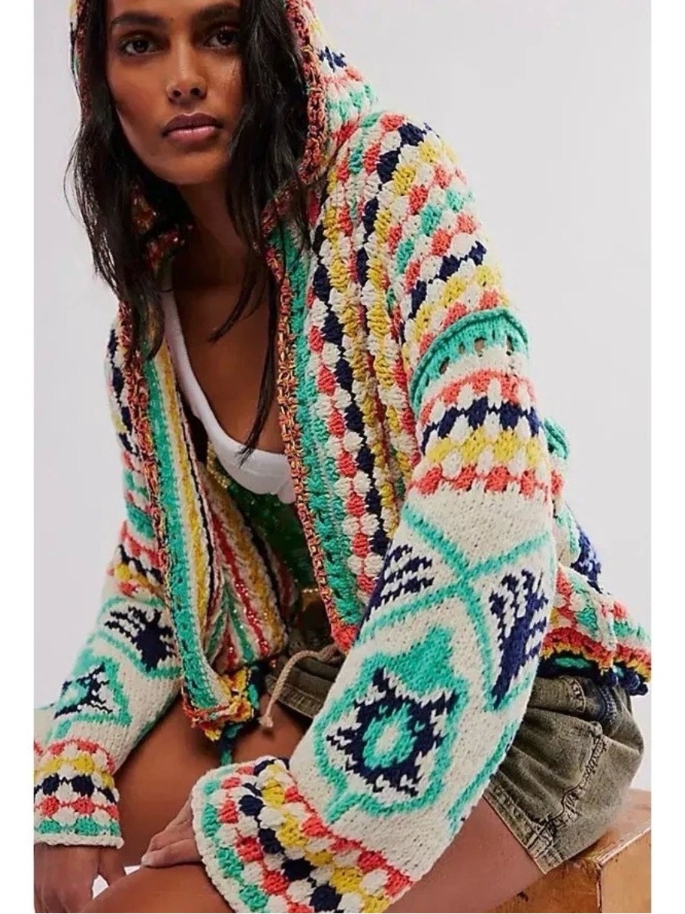 Free People Baja Baby Intarsia Crochet Hooded Cardigan